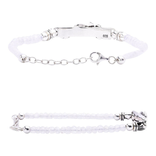Truelements Jewelry sterling silver arabesque bracelet featuring 4mm rainbow moonstone beads and an adjustable chain.