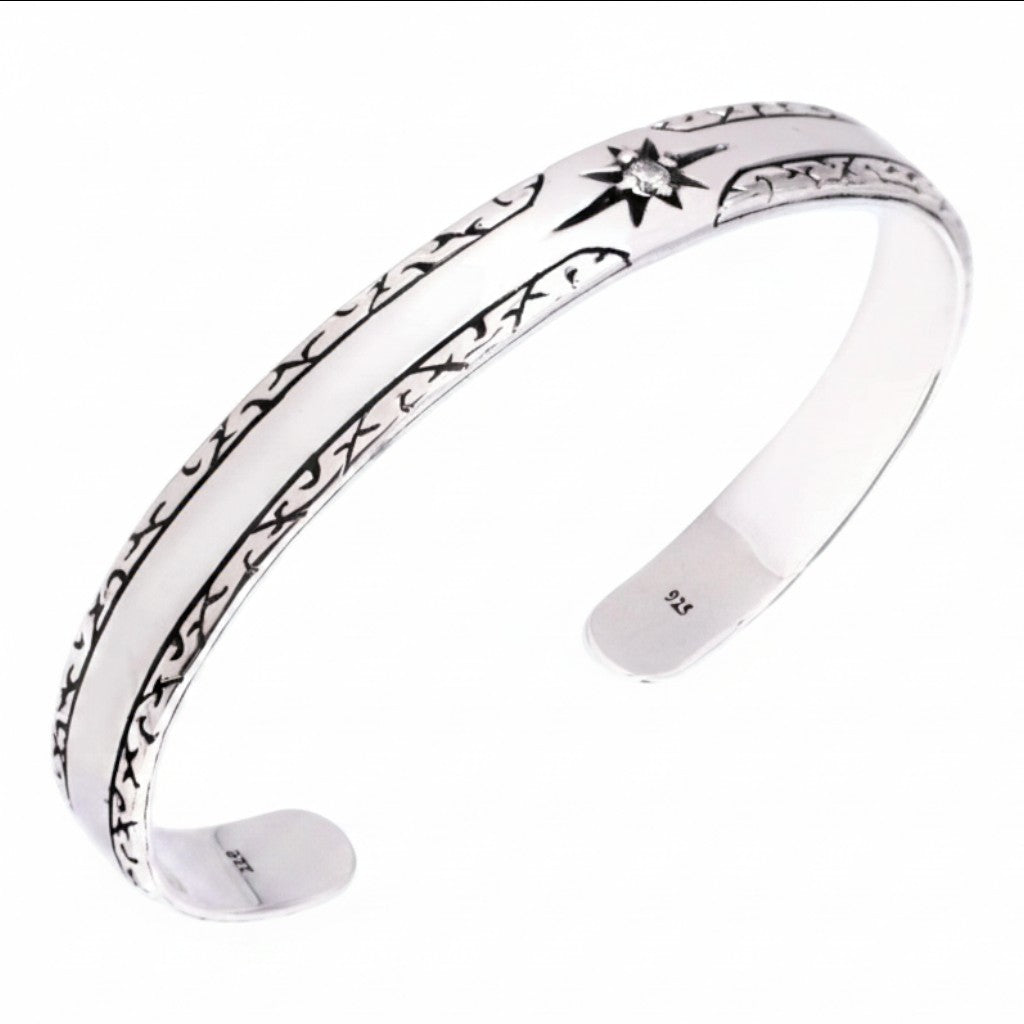 Truelements Jewelry sterling silver 925 men's cuff bangle with native sun motif and clear cubic zirconia inlay