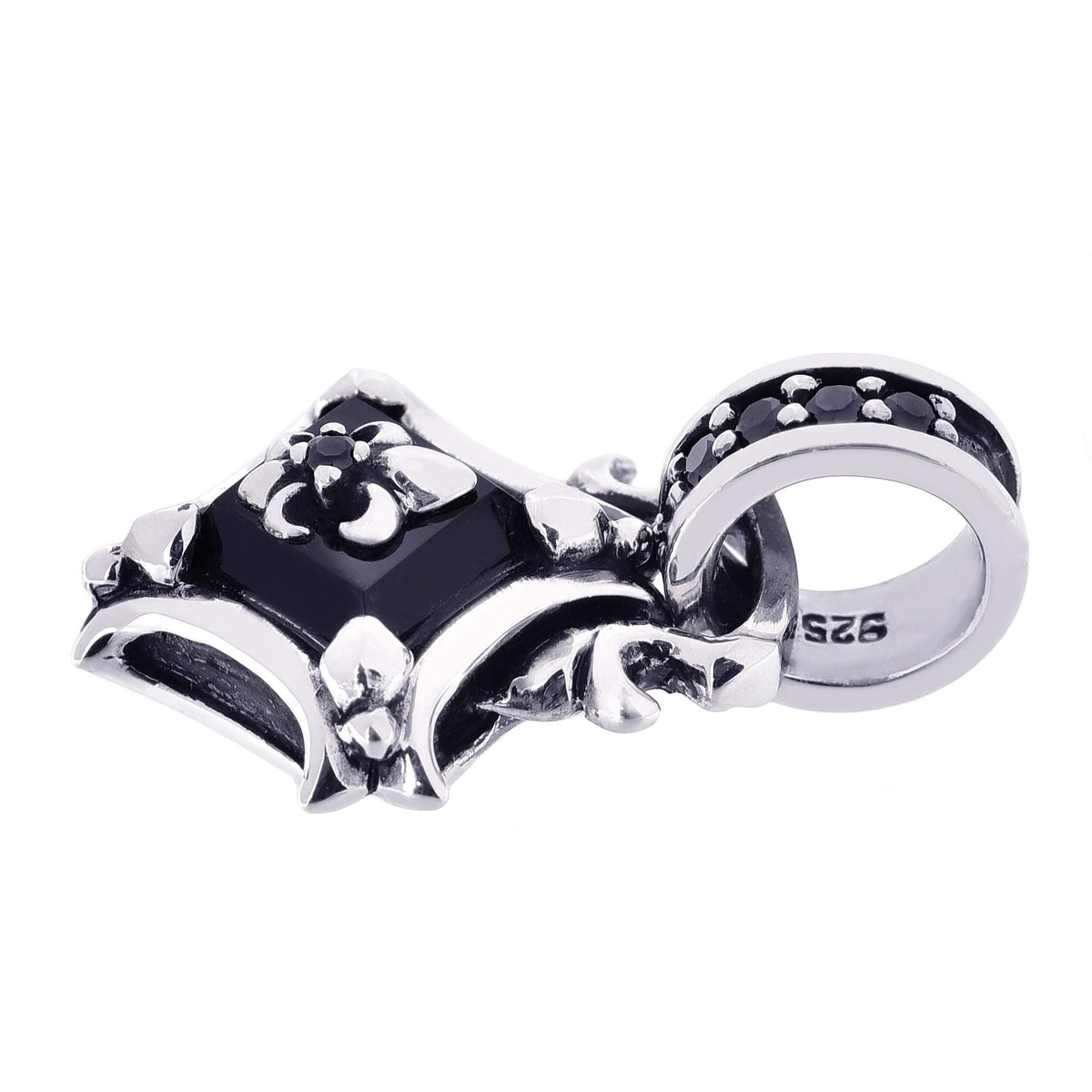 Truelements Jewelry sterling silver square cross pendant featuring a black onyx stone and black zirconia accents.