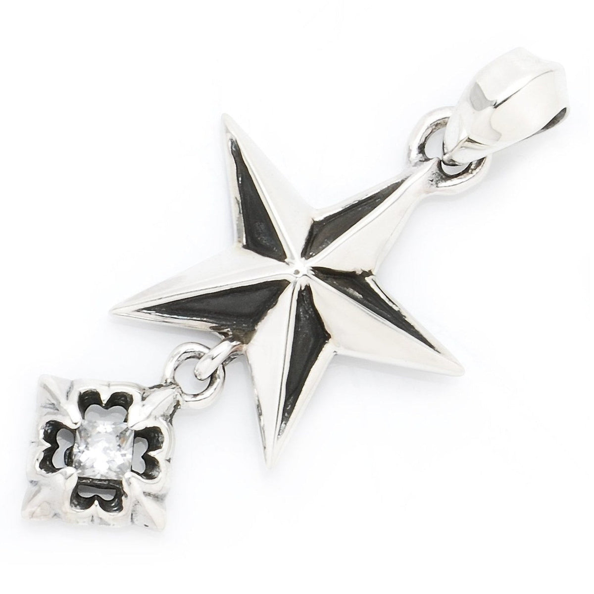 Truelements Jewelry silver 925 pentagram pendant with a dangling clear cubic zirconia stone and oxidized finish.