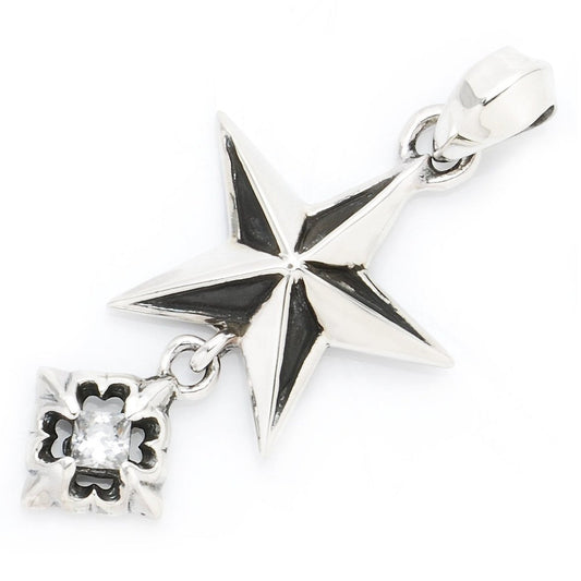 Truelements Jewelry silver 925 pentagram pendant with a dangling clear cubic zirconia stone and oxidized finish.