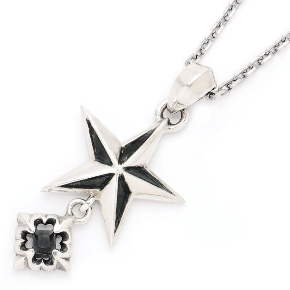 Truelements Jewelry sterling silver 925 pentagram pendant with a dangling black cubic zirconia stone on a chain