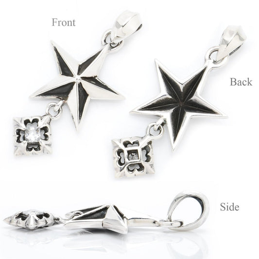 Truelements Jewelry sterling silver pentagram pendant with a dangling clear cubic zirconia stone and oxidized finish.