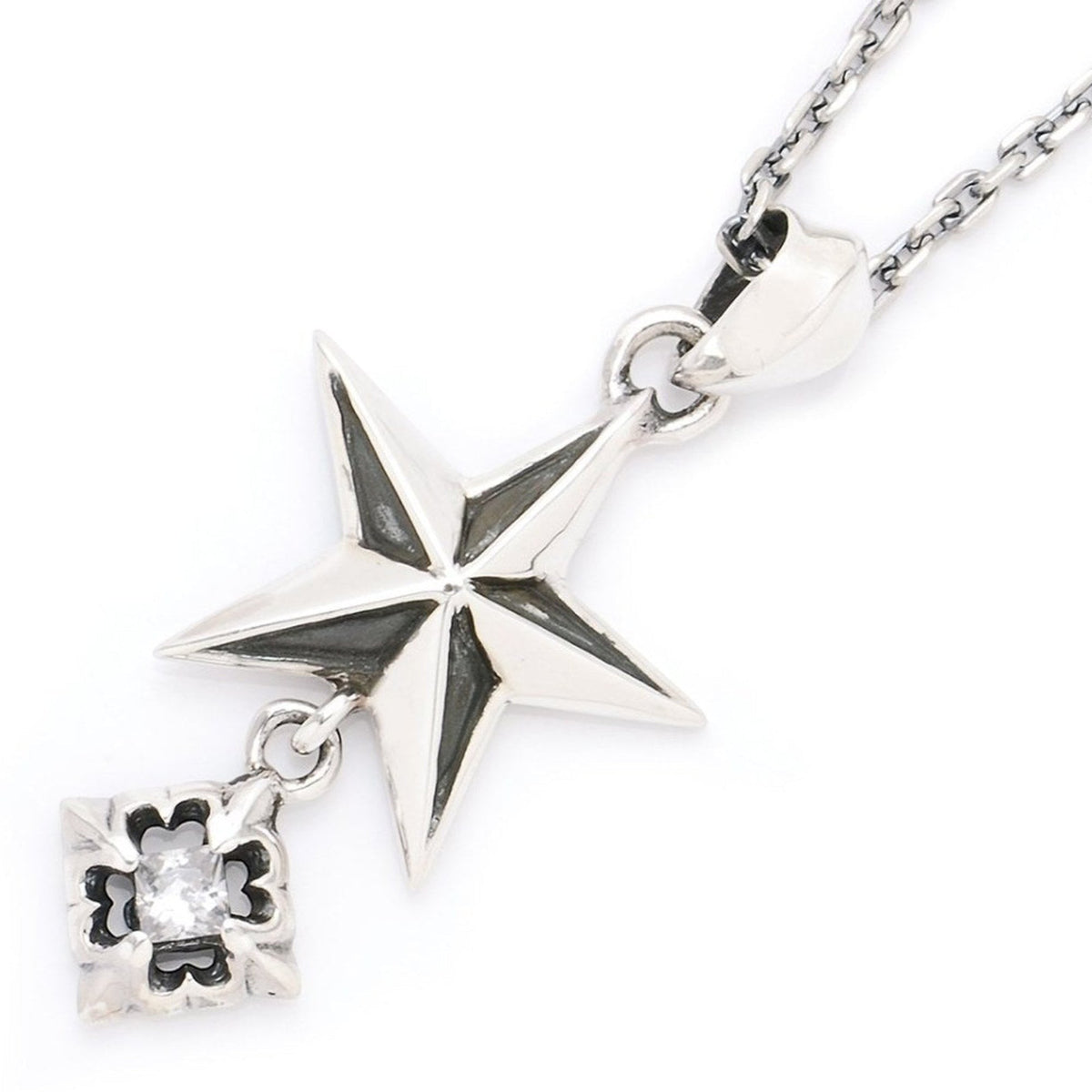 Truelements Jewelry sterling silver pentagram pendant with a dangling clear cubic zirconia stone and oxidized finish.