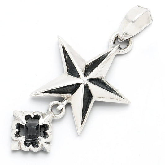 Truelements Jewelry sterling silver 925 pentagram pendant with oxidized finish and dangling black cubic zirconia stone