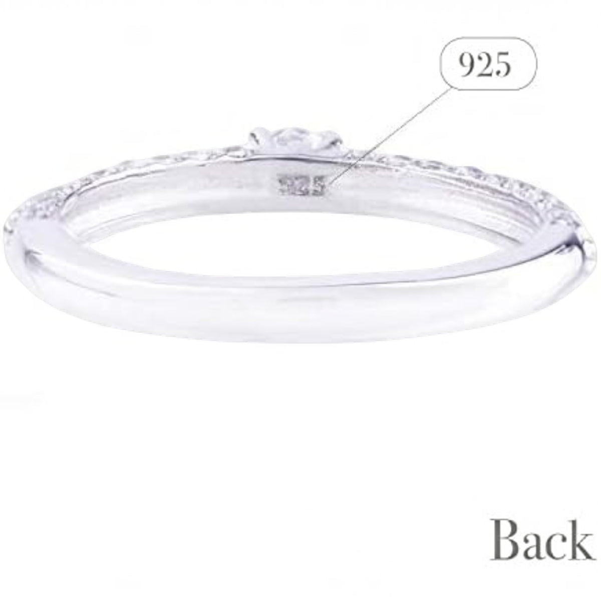 Truelements Jewelry sterling silver 925 pinky ring with clear cubic zirconia, back view showing hallmark