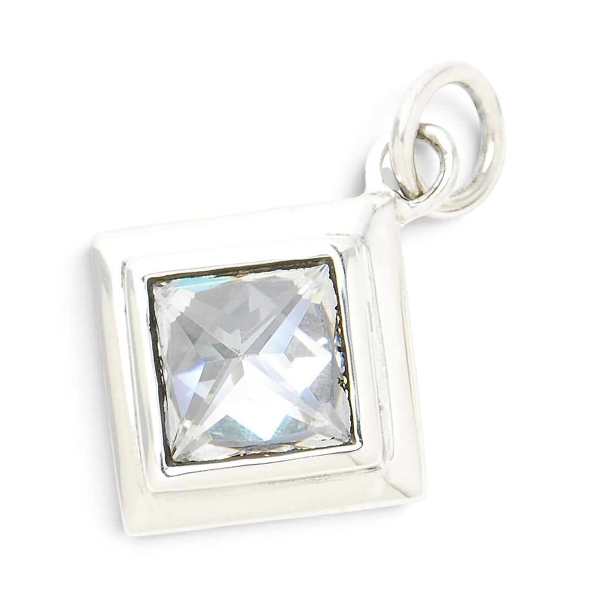 Truelements Jewelry silver 925 square pendant featuring a clear pyramid-cut cubic zirconia stone