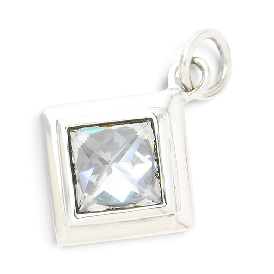 Truelements Jewelry silver 925 square pendant featuring a clear pyramid-cut cubic zirconia stone
