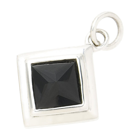 Truelements Jewelry silver 925 pendant featuring a square pyramid-cut black cubic zirconia in a geometric frame.