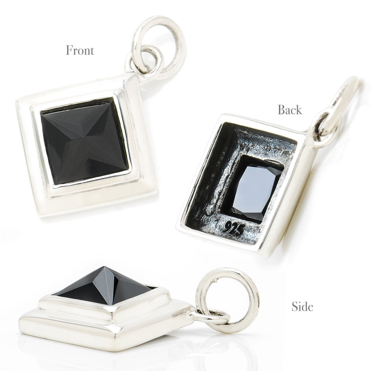 Truelements Jewelry silver 925 pendant featuring a black pyramid-cut cubic zirconia in a square frame, multi-angle view