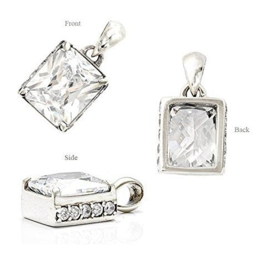 Truelements Jewelry men's rectangular silver 925 pendant featuring a large clear cubic zirconia and side stones.