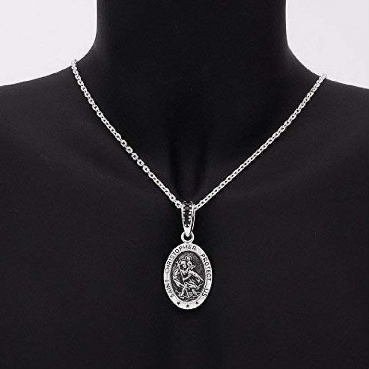 Truelements Jewelry sterling silver Saint Christopher medal pendant with black zirconia on an anchor chain