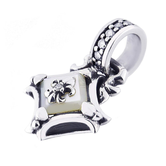 Truelements Jewelry sterling silver square pendant featuring a white shell inlay, cross motif, and clear zirconia.