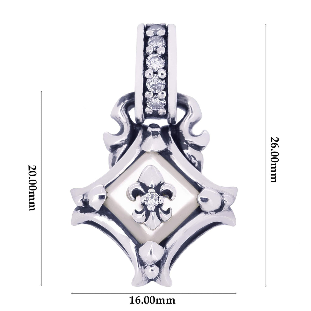 Truelements Jewelry sterling silver square pendant featuring white shell, fleur-de-lis motif, and clear zirconia.