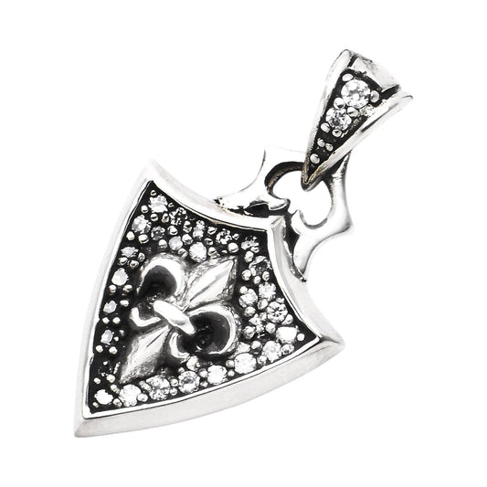 Truelements Jewelry sterling silver 925 shield pendant featuring a fleur-de-lis, cross, and white cubic zirconia