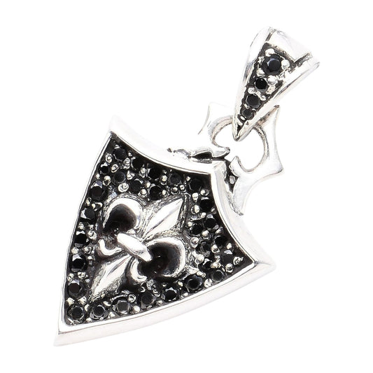 Truelements Jewelry sterling silver shield pendant featuring a fleur-de-lis, cross, and black cubic zirconia stones.