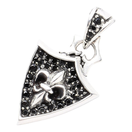 Truelements Jewelry sterling silver shield pendant featuring a fleur-de-lis, cross, and black cubic zirconia stones.