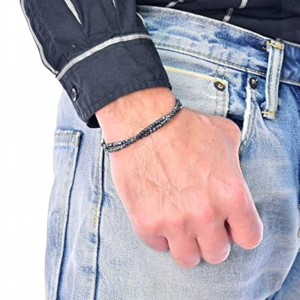 Truelements Jewelry men's bracelet featuring 4mm faceted natural silver spinel beads and sterling silver 925 accents.