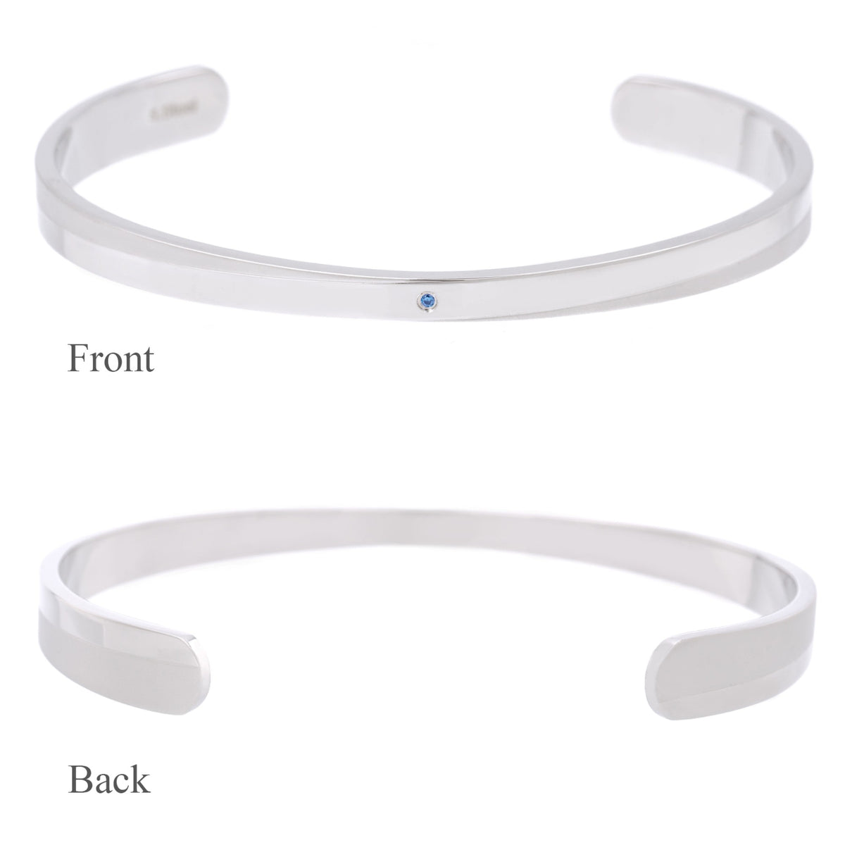 Truelements Jewelry silver surgical stainless steel bangle with a blue sapphire, shown from front and back views.