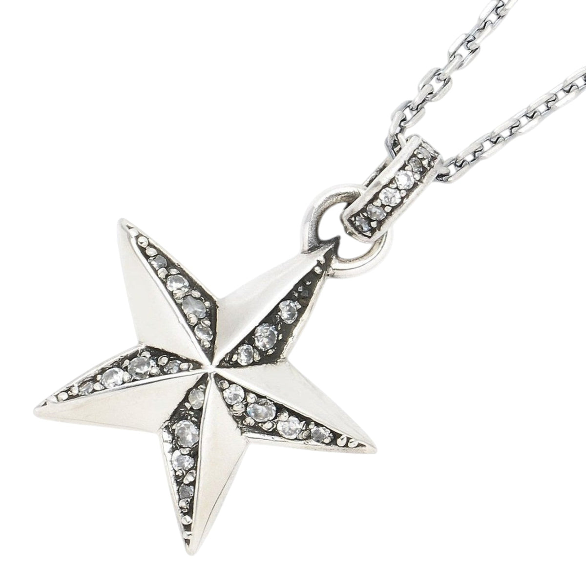 Truelements Jewelry reversible star pendant in sterling silver with clear cubic zirconia on a silver chain