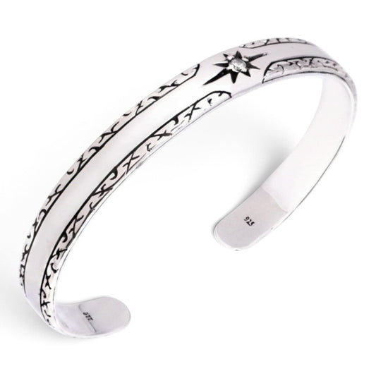 Truelements Jewelry men's sterling silver 925 cuff bangle featuring a native sun motif and clear cubic zirconia