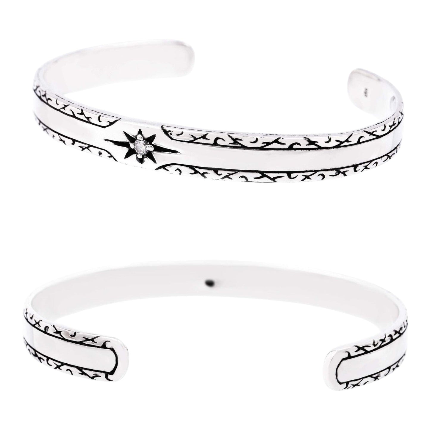 Truelements Jewelry sterling silver 925 men's cuff bangle featuring a sun motif and clear cubic zirconia stone.