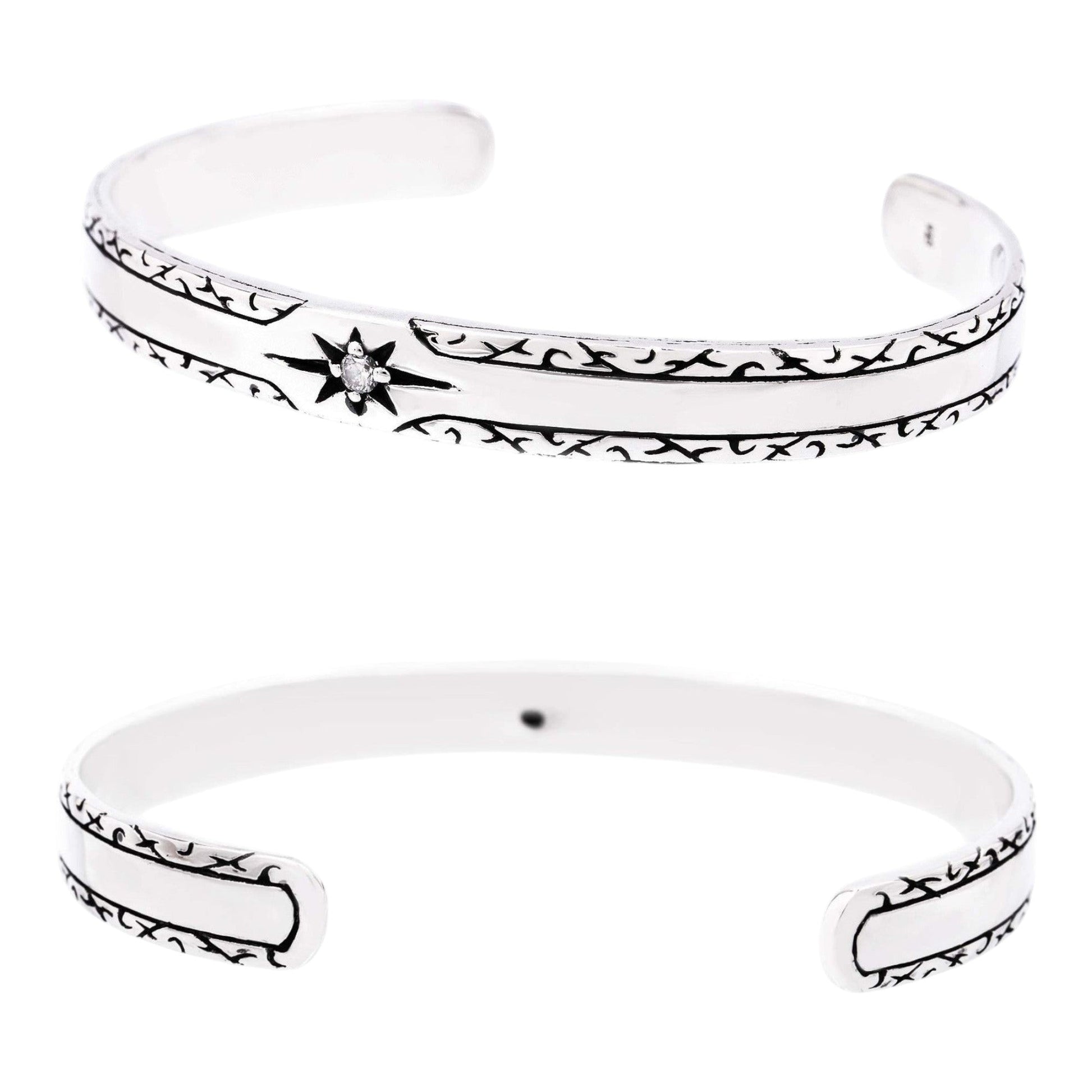 Truelements Jewelry sterling silver 925 men's cuff bangle featuring a sun motif and clear cubic zirconia stone.