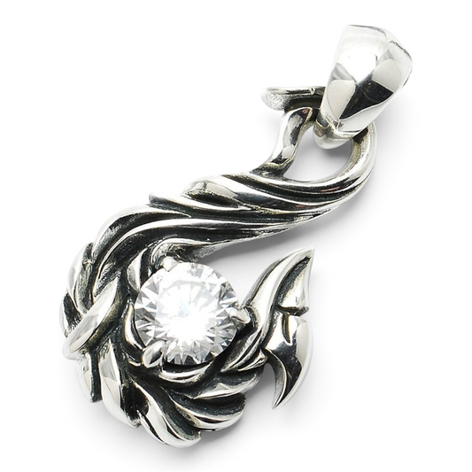 Truelements Jewelry sterling silver tribal hook pendant featuring a 10mm clear cubic zirconia stone with oxidized finish