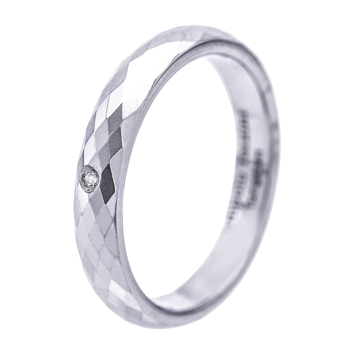 Truelements Jewelry silver tungsten pinky ring with a mirror-cut faceted surface and a single clear diamond accent.