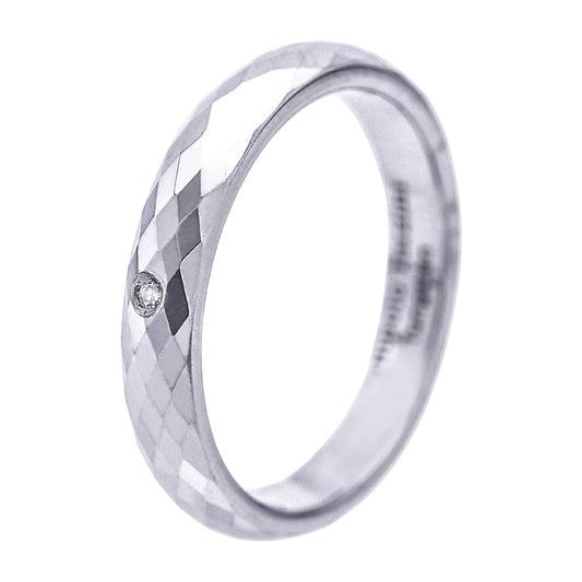 Truelements Jewelry silver tungsten pinky ring with a mirror-cut faceted surface and a single clear diamond accent.