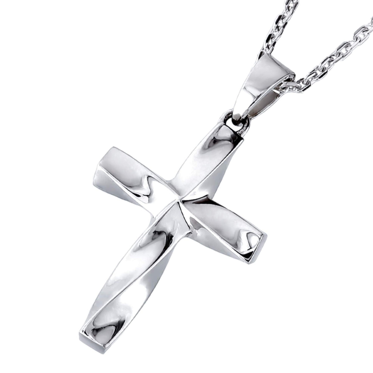 Truelements Jewelry men's silver 925 twisted cross pendant featuring a polished metallic finish on a silver chain