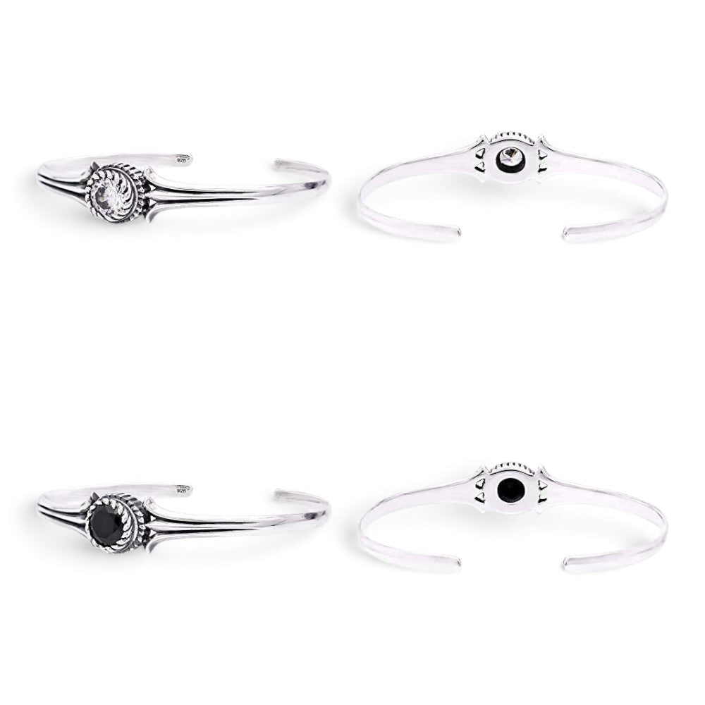 Truelements Jewelry sterling silver couple bangle set with 8mm clear and black cubic zirconia stones