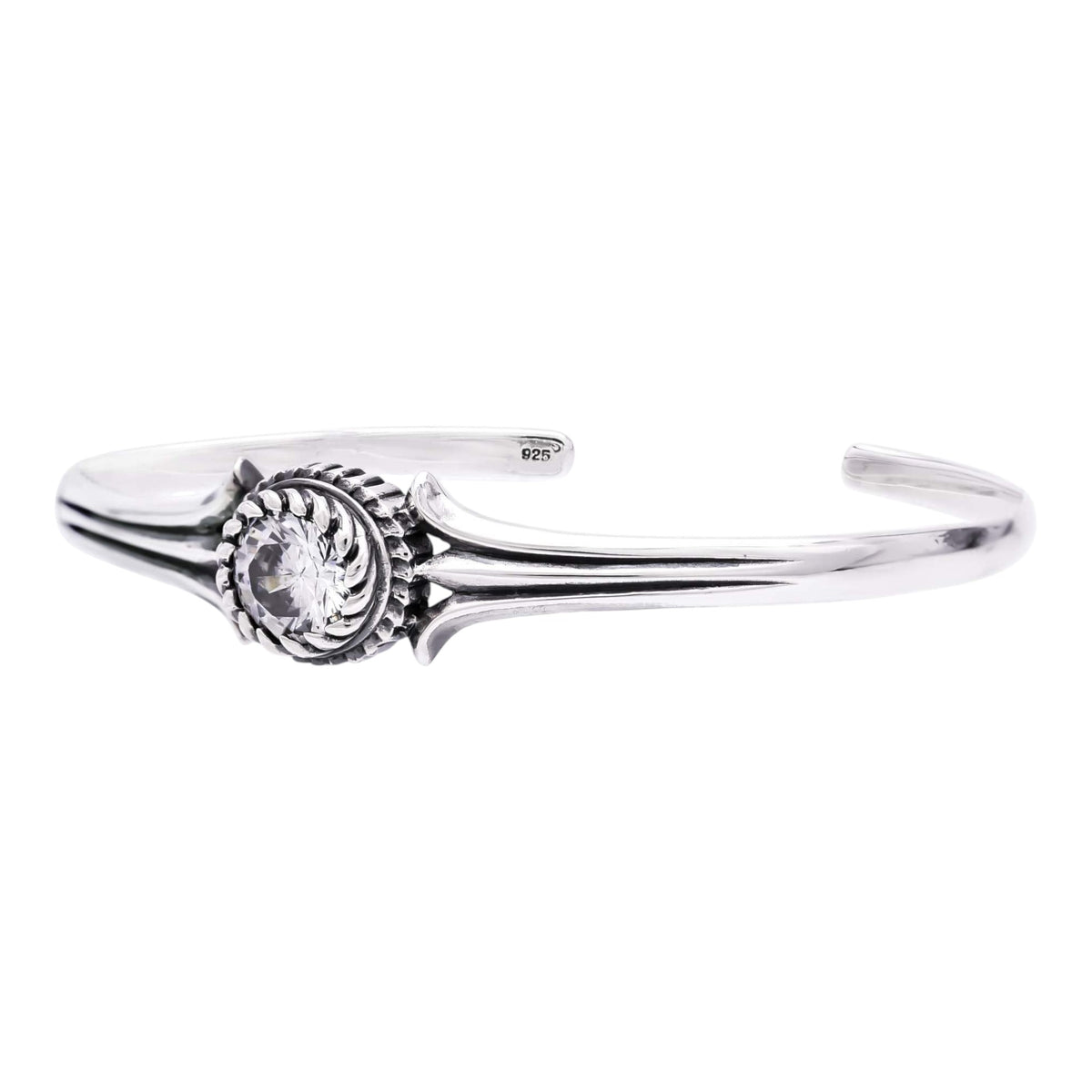 Truelements Jewelry unisex sterling silver 925 bangle featuring an 8mm clear cubic zirconia stone with oxidized finish