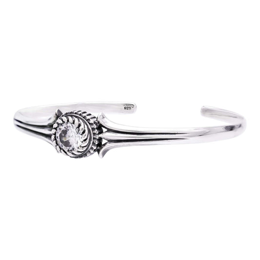 Truelements Jewelry unisex sterling silver 925 bangle featuring an 8mm clear cubic zirconia stone with oxidized finish
