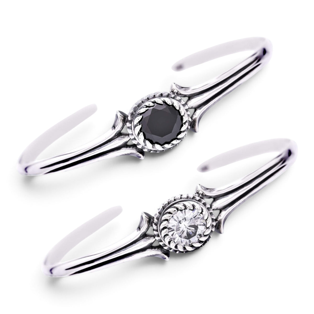 Truelements Jewelry sterling silver couple bangle set with 8mm clear and black cubic zirconia stones