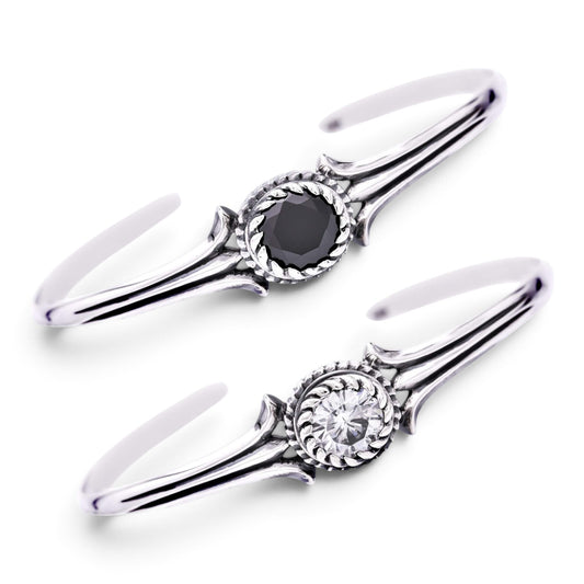 Truelements Jewelry sterling silver couple bangle set with 8mm clear and black cubic zirconia stones