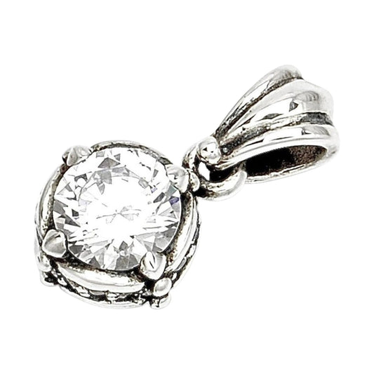 Truelements Jewelry sterling silver 925 round pendant featuring a clear cubic zirconia in a crown-style setting
