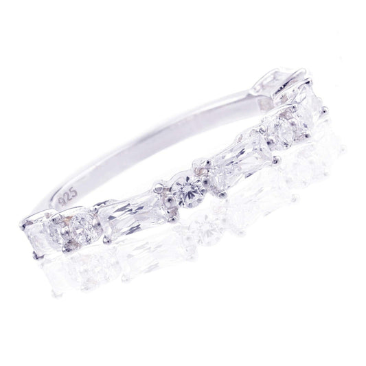 Truelements Jewelry sterling silver pinky ring featuring rhythmic round and square clear zirconia stones