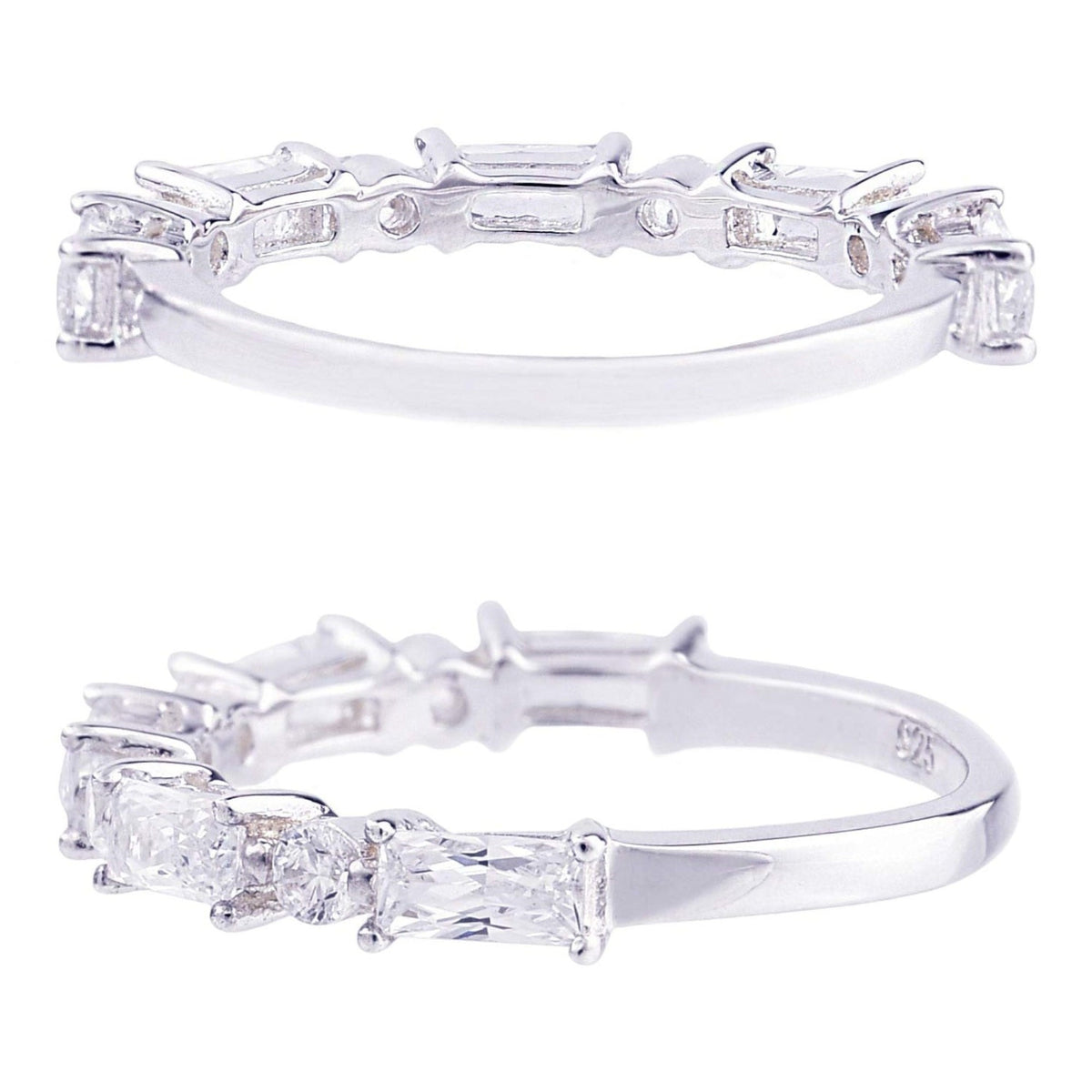 Truelements Jewelry sterling silver pinky ring featuring alternating round and square clear zirconia stones.