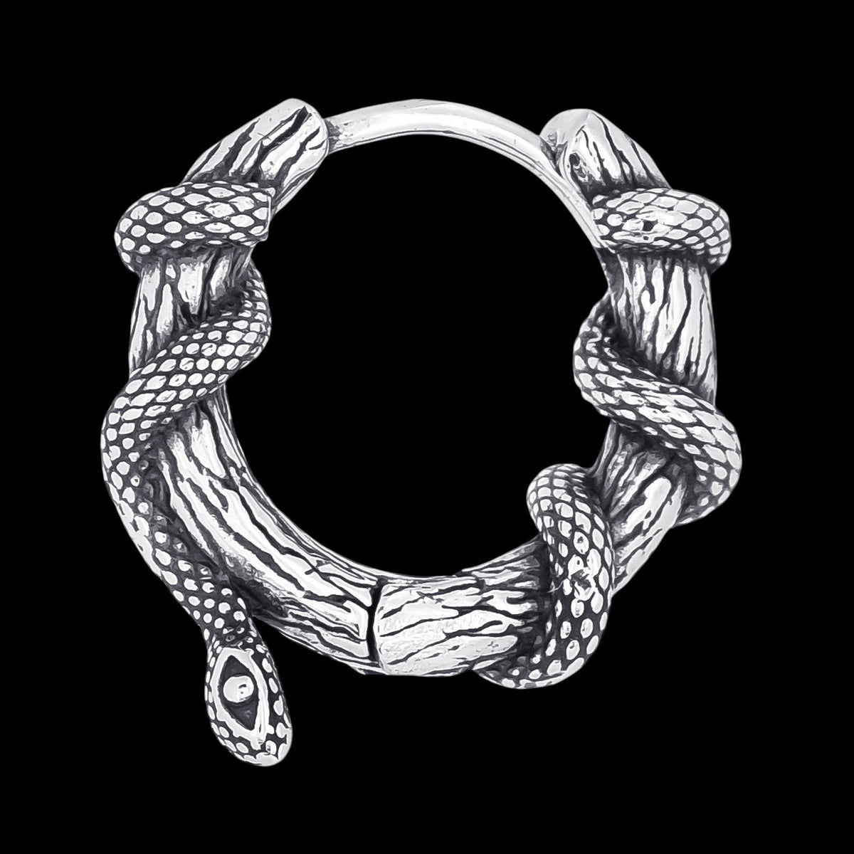 Truelements Jewelry men's 18G surgical stainless steel hoop earring featuring a detailed coiled snake motif.