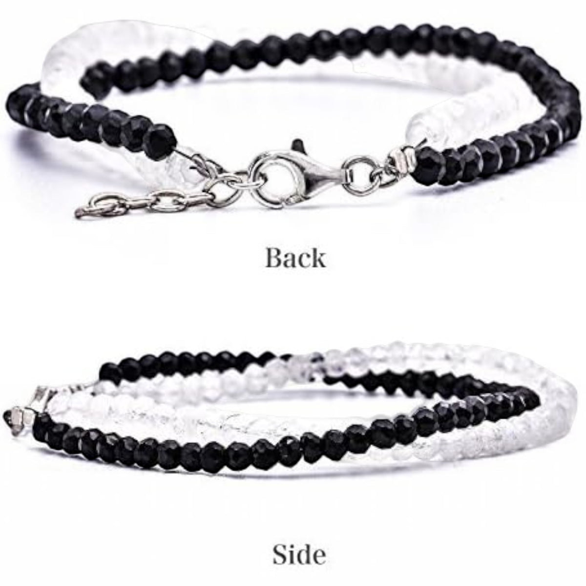 Truelements Jewelry women's bracelet featuring 4mm black spinel and blue moonstone beads with sterling silver hardware.