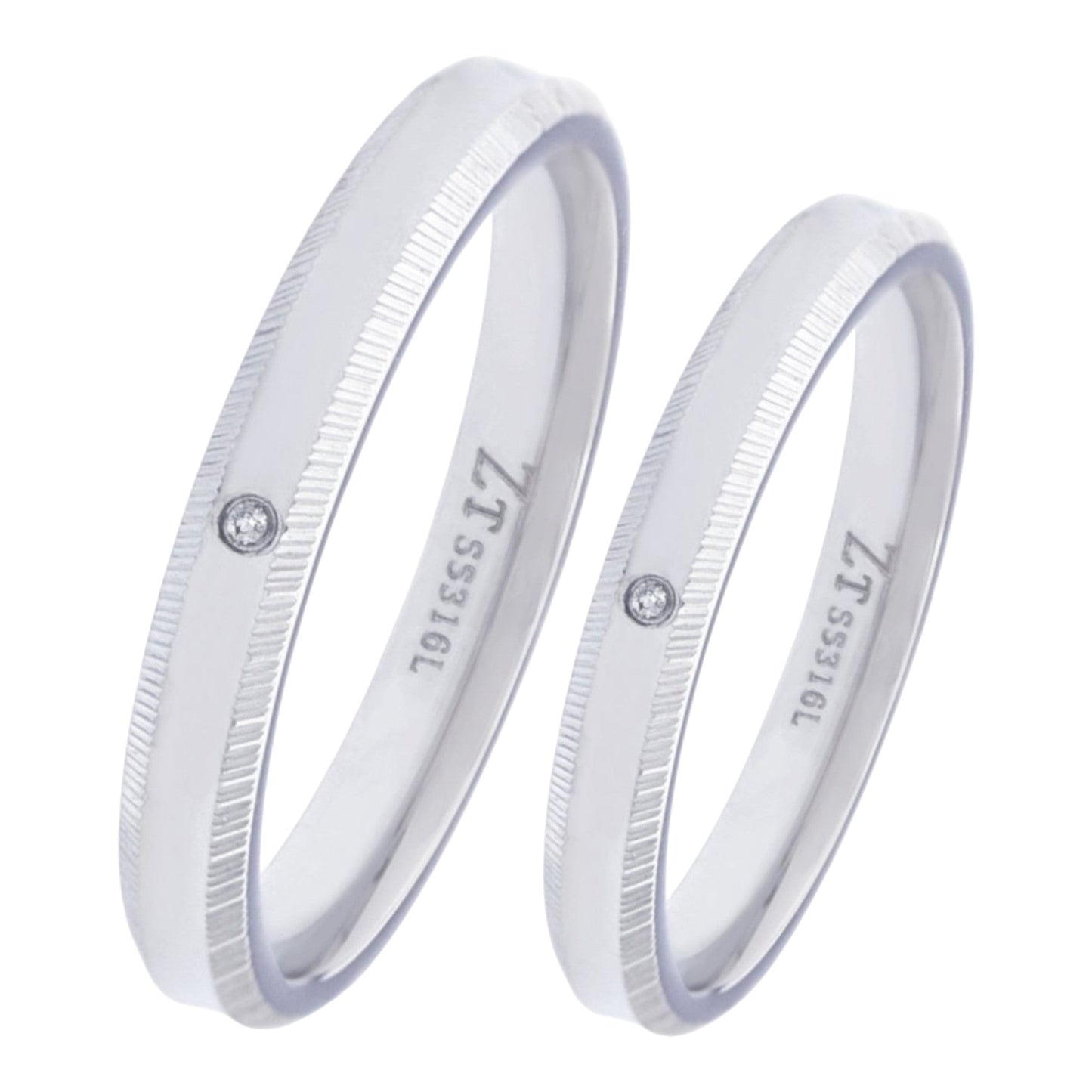 Truelements Jewelry silver 316L stainless steel couple rings with white diamond and textured edge detail