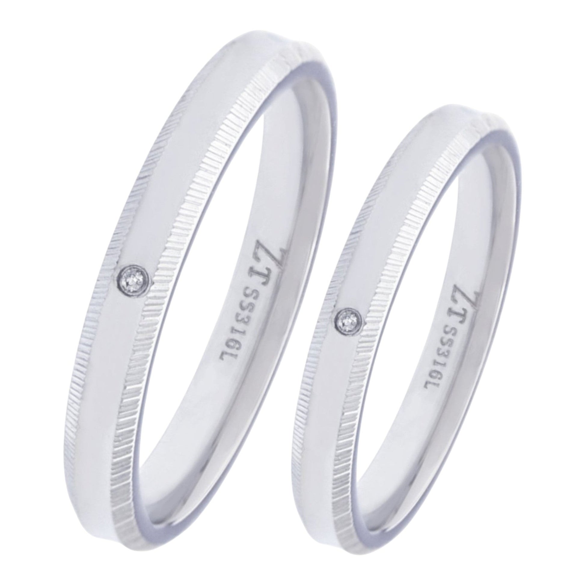Truelements Jewelry silver 316L stainless steel couple rings with white diamond and textured edge detail
