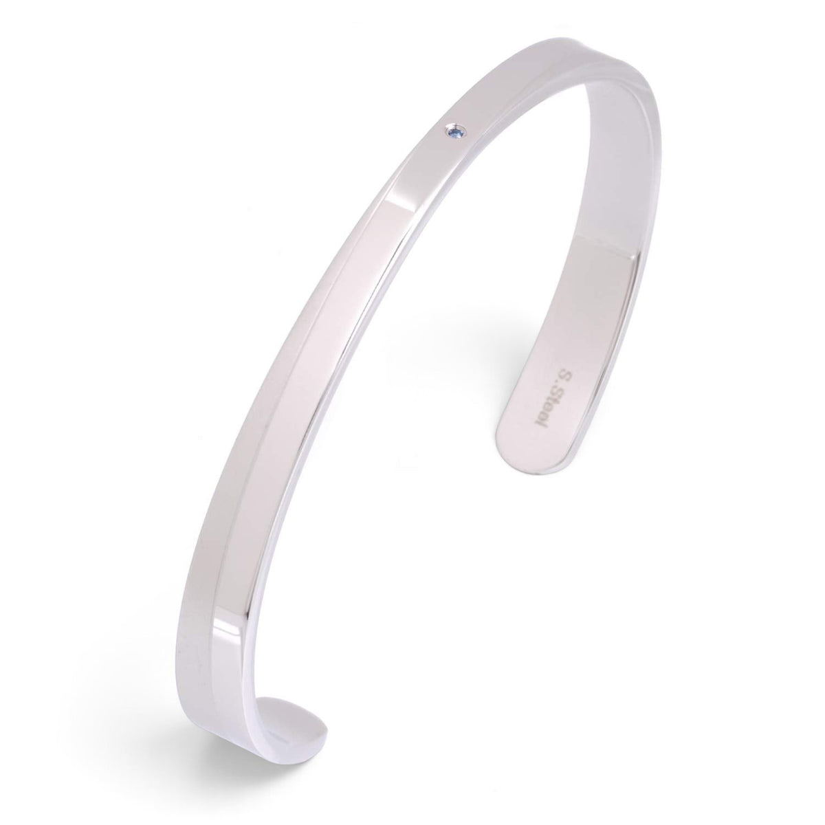 Truelements Jewelry men's silver 316L surgical stainless steel bangle featuring a small light blue sapphire stone.
