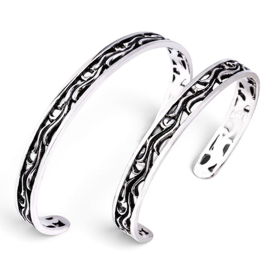 Truelements Jewelry sterling silver 925 couple bangle set with intricate oxidized arabesque filigree patterns