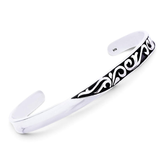 Truelements Jewelry men's sterling silver 925 cuff bangle featuring an intricate oxidized arabesque scroll pattern.