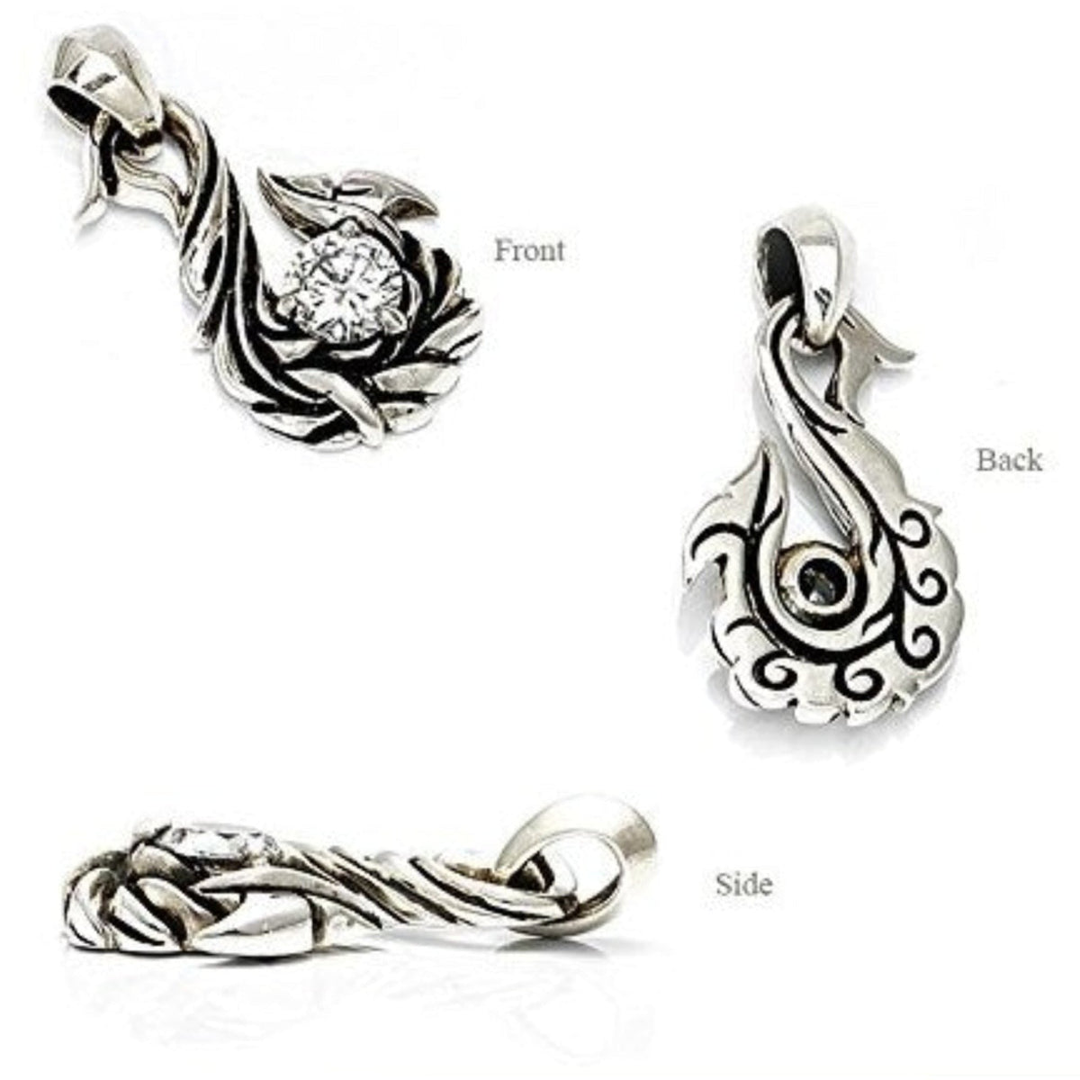 Truelements Jewelry sterling silver tribal hook pendant with a clear cubic zirconia stone and oxidized finish