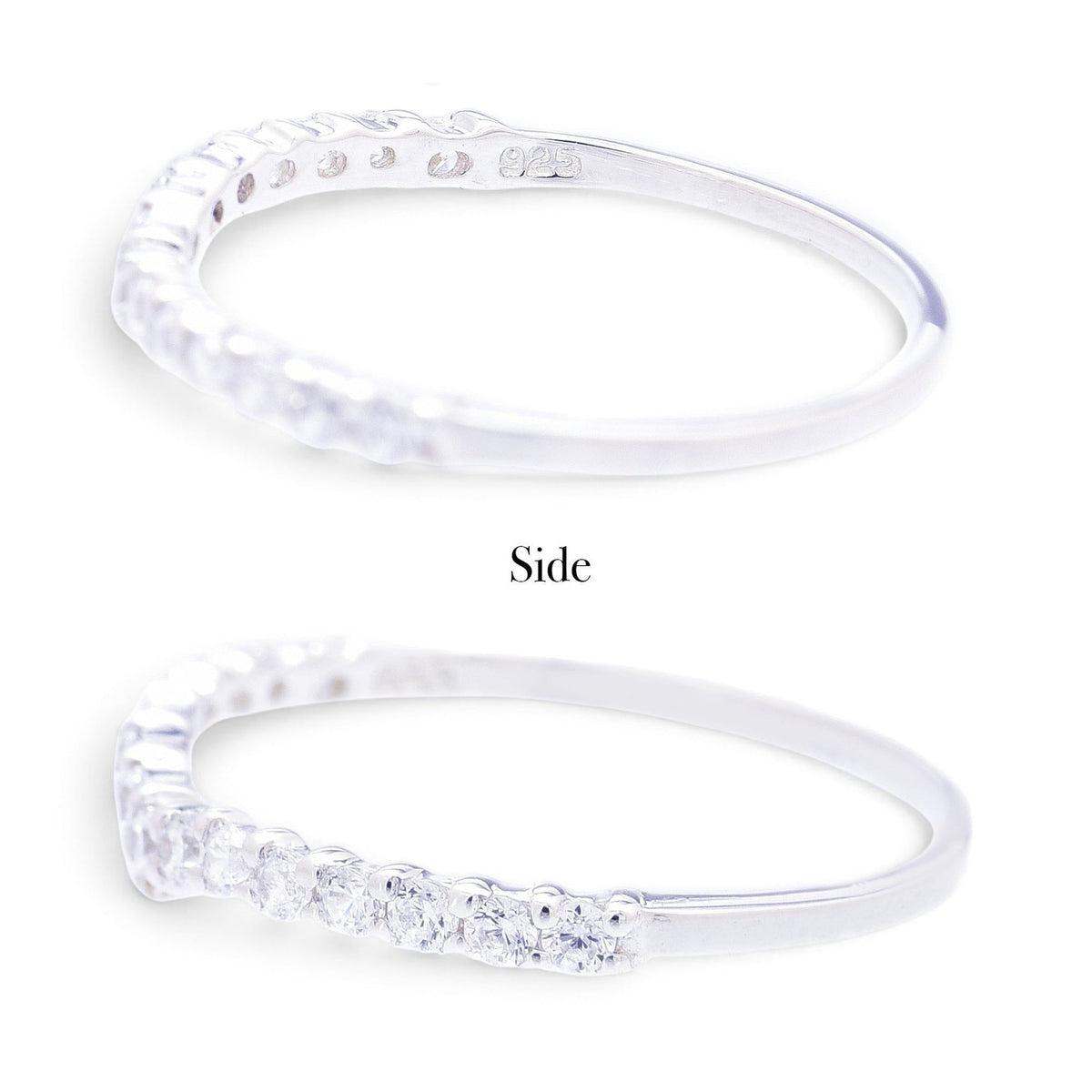 Truelements Jewelry V-shaped sterling silver pinky ring with clear cubic zirconia stones, side view
