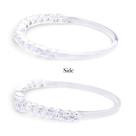 Truelements Jewelry V-shaped sterling silver pinky ring with clear cubic zirconia stones, side view