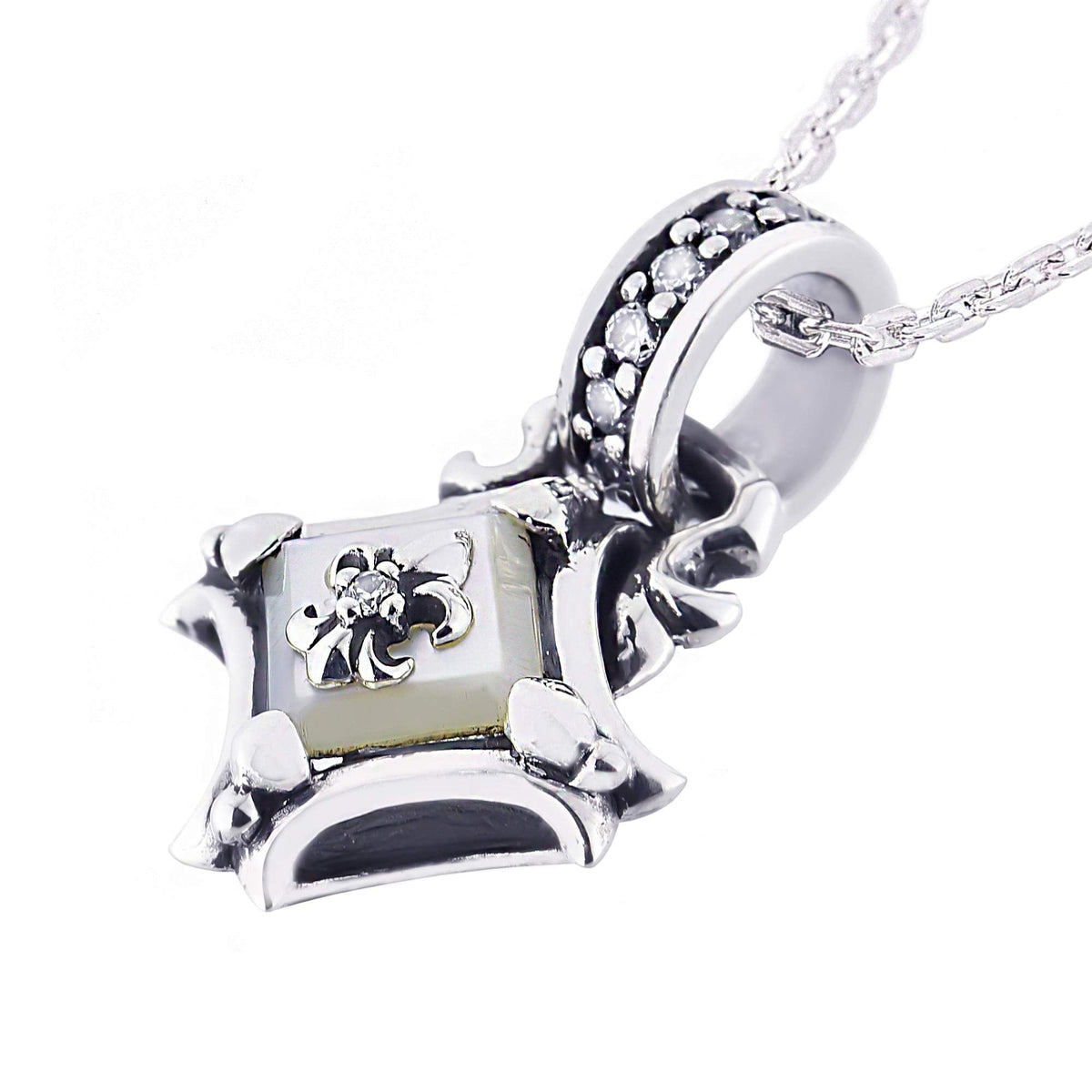 Truelements Jewelry square white shell cross pendant in sterling silver with clear zirconia and oxidized finish